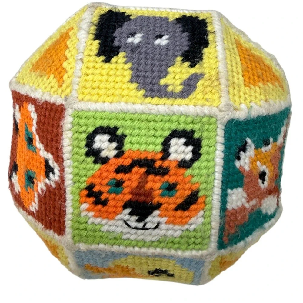 Vintage Needlepoint Soft Ball Toy Multicolor Animal Faces Nursery Decor 70's